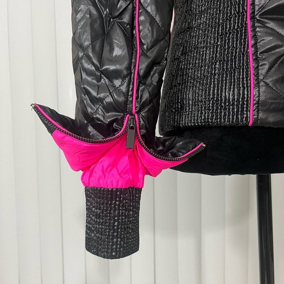 SUGARFLY Quilted Puffer Moto Jacket Coat Zip Up Pockets Black Neon Pink Medium - Picture 8 of 13